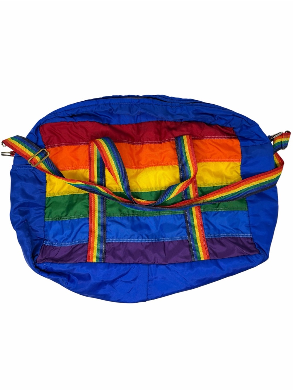 Vintage Rainbow Stripe Blue Duffle Bag 1980s